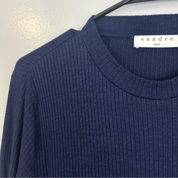 Sandro Blue Striped Knit Mixed Fabric Long Sleeve Top Size Large - Picture 6 of 11